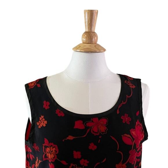 Vintage Koos of Course! Red & Black Floral Silk Tank Top/ Sleeveless Blouse, L - Picture 2 of 11
